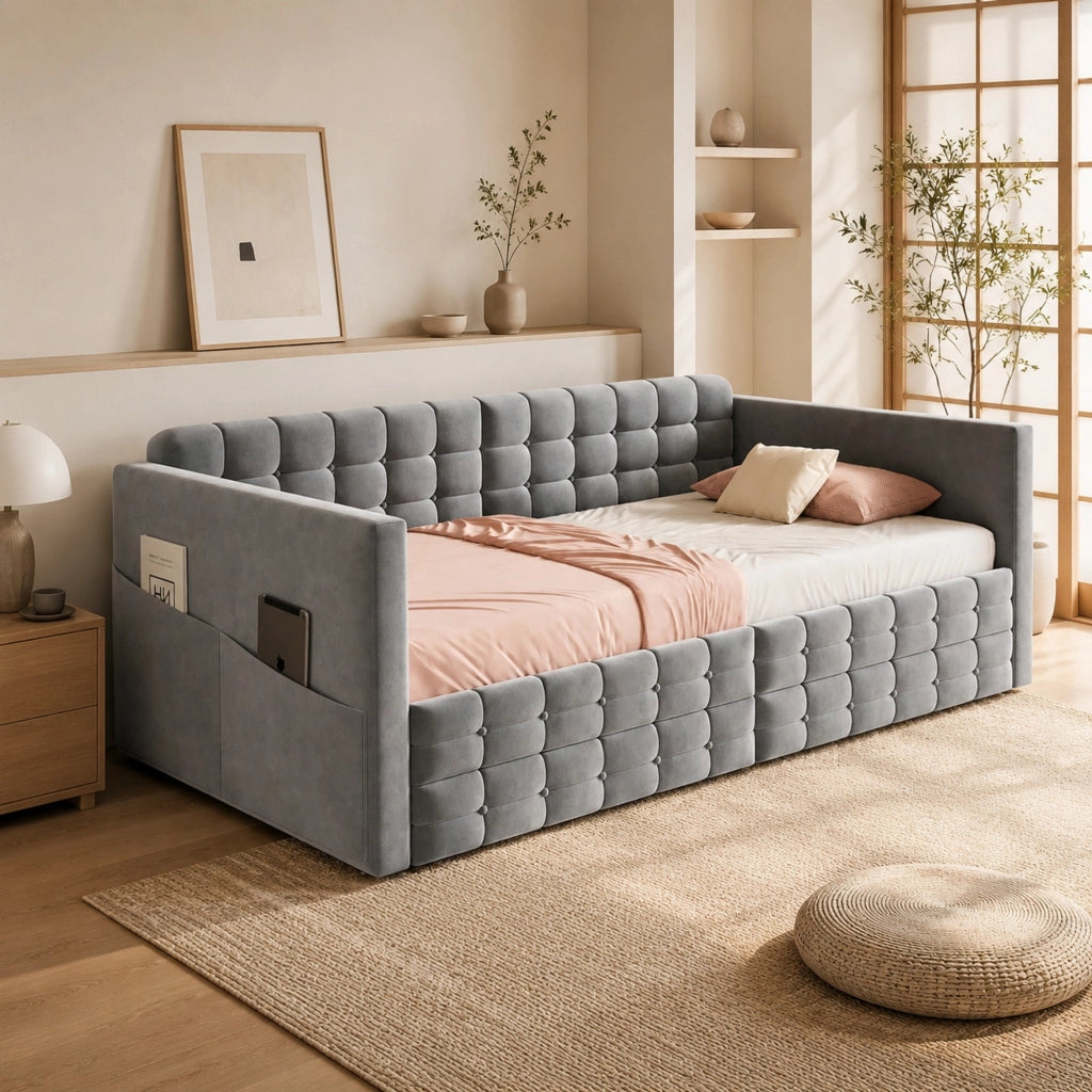 Letto imbottito 90x190 cm con 2 cassetti; tasche laterali e velluto grigio