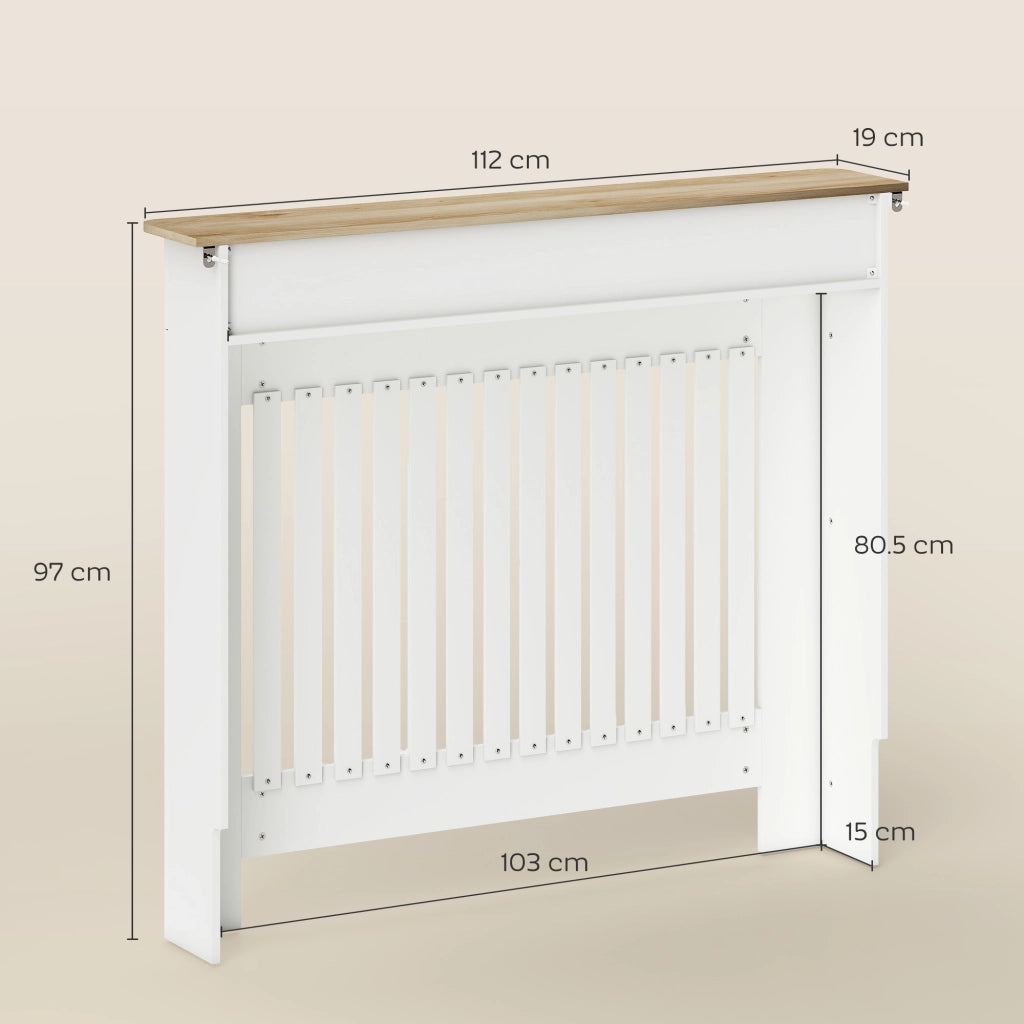 Copritermosifone Moderno in Legno Bianco a Doghe con Cassetto Portaoggetti e Sistema Antiribaltamento, per Casa, 112x19x97 cm