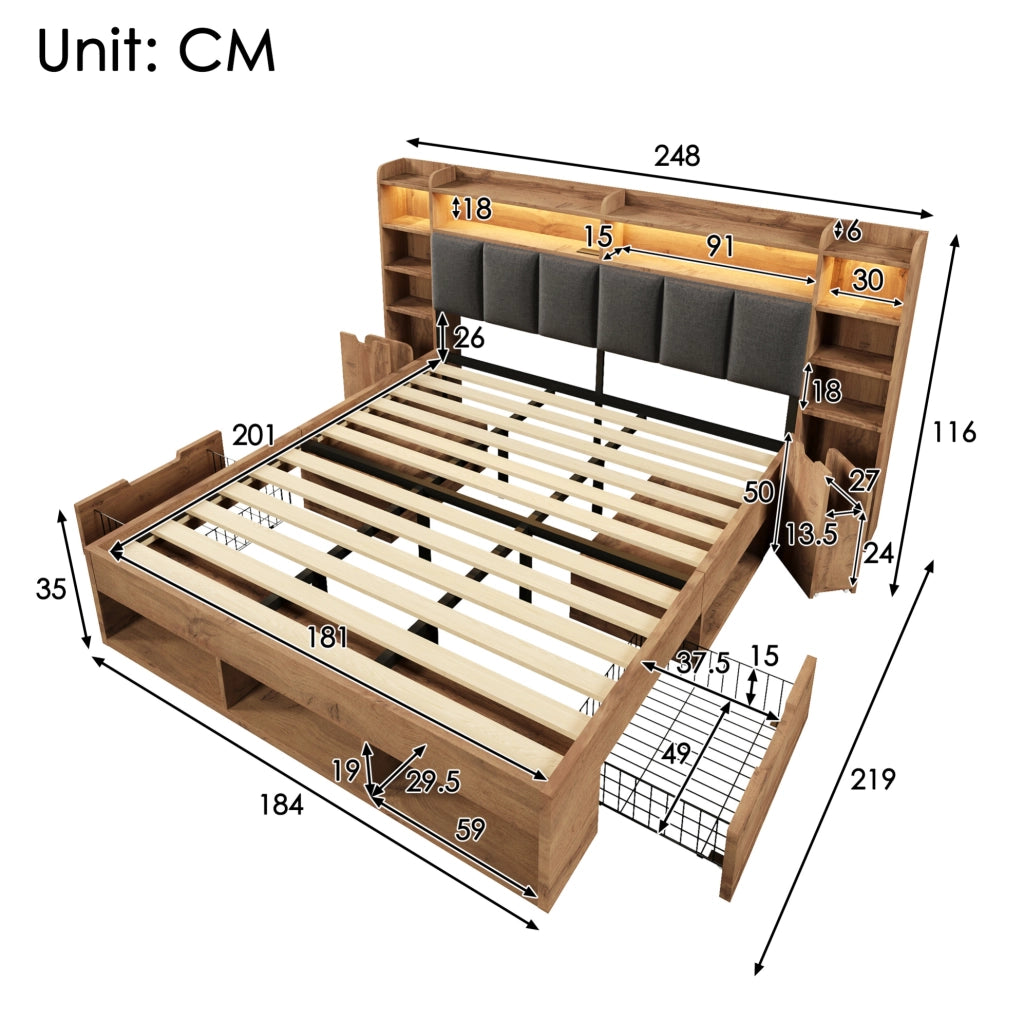 Letto matrimoniale 180x200 cm con LED; porte USB e cassetti effetto rovere HOMVRA