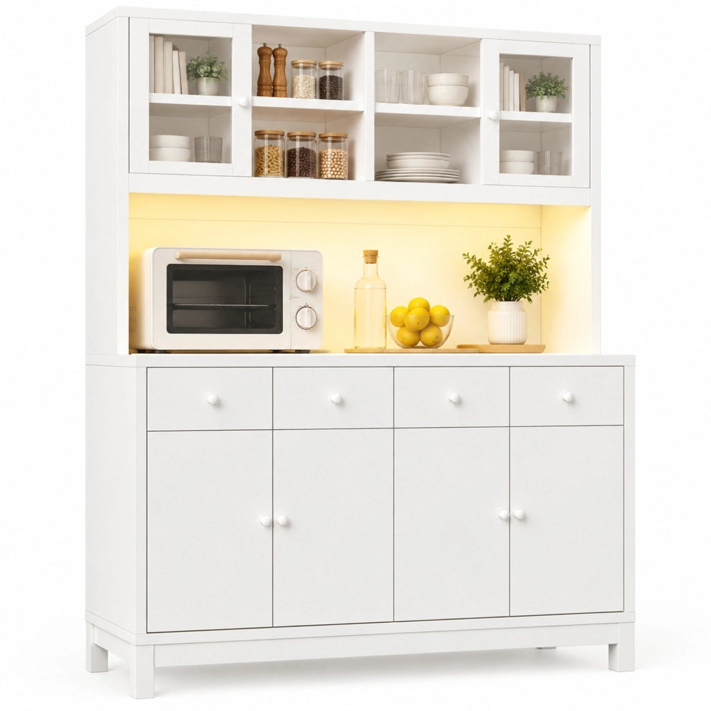 Credenza alta 140x38,5x180 cm in MDF bianco, LED RGB e 4 cassetti