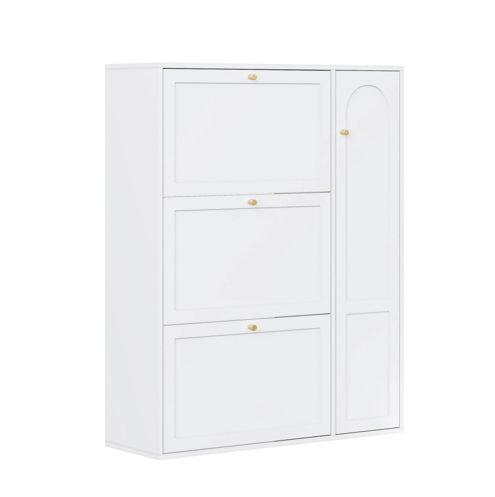 Scarpiera bianca 90x25x114 cm con 3 ribalte e anta laterale