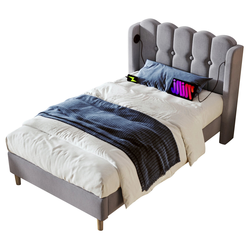 Letto imbottito 90x200 cm con USB e Type-C; struttura in lino grigio