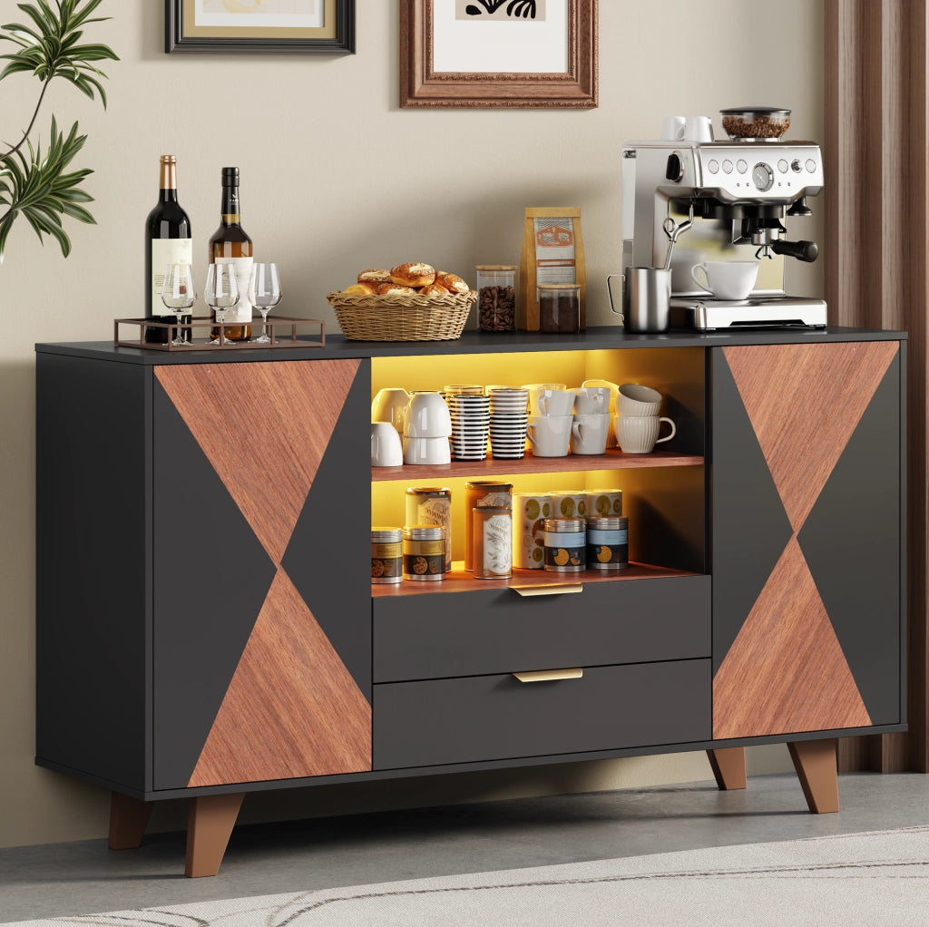 Credenza da cucina 150x40x90 cm con LED RGB; 2 cassetti e ripiani regolabili in MDF; naturale e nero