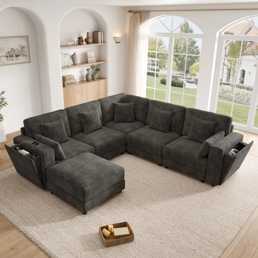 Divano modulare 6 posti a L o U con pouf; USB e tipo C; ciniglia; grigio