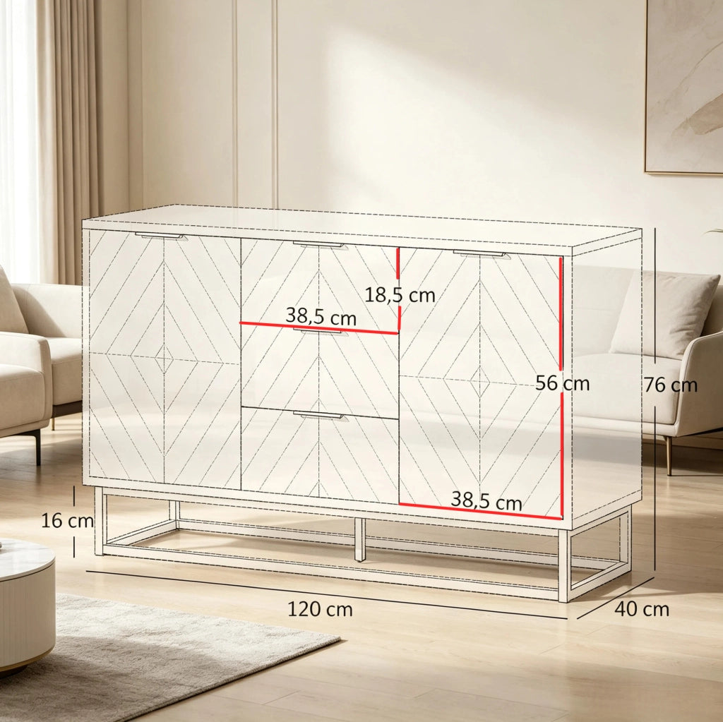 SIDEBOARD 120x40x76 cm MDF Bianco e Metallo Oro con 2 Armadi e 3 Cassetti