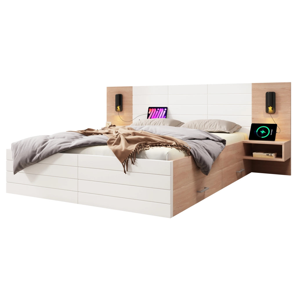 Letto matrimoniale 140x200 cm con materasso; cassetti; luce da lettura USB; bianco e rovere chiaro