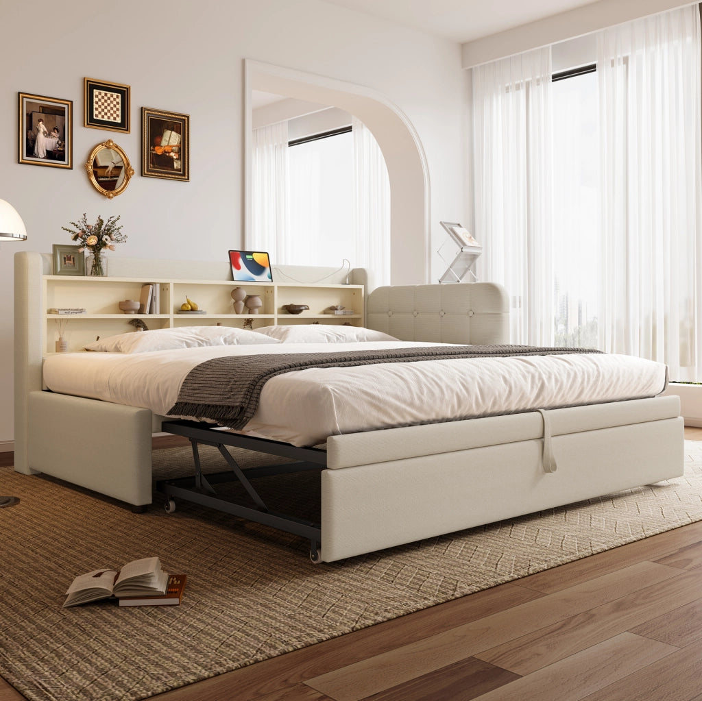 LETTO DIVANO ESTRAIBILE 90x200 cm Lino Beige USB + Tipo C