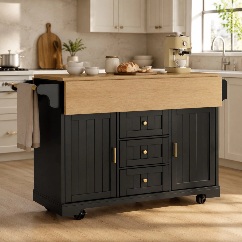 Mobile base da cucina con piano pieghevole su due lati; 3 cassetti; 2 ante; ruote e ripiani regolabili