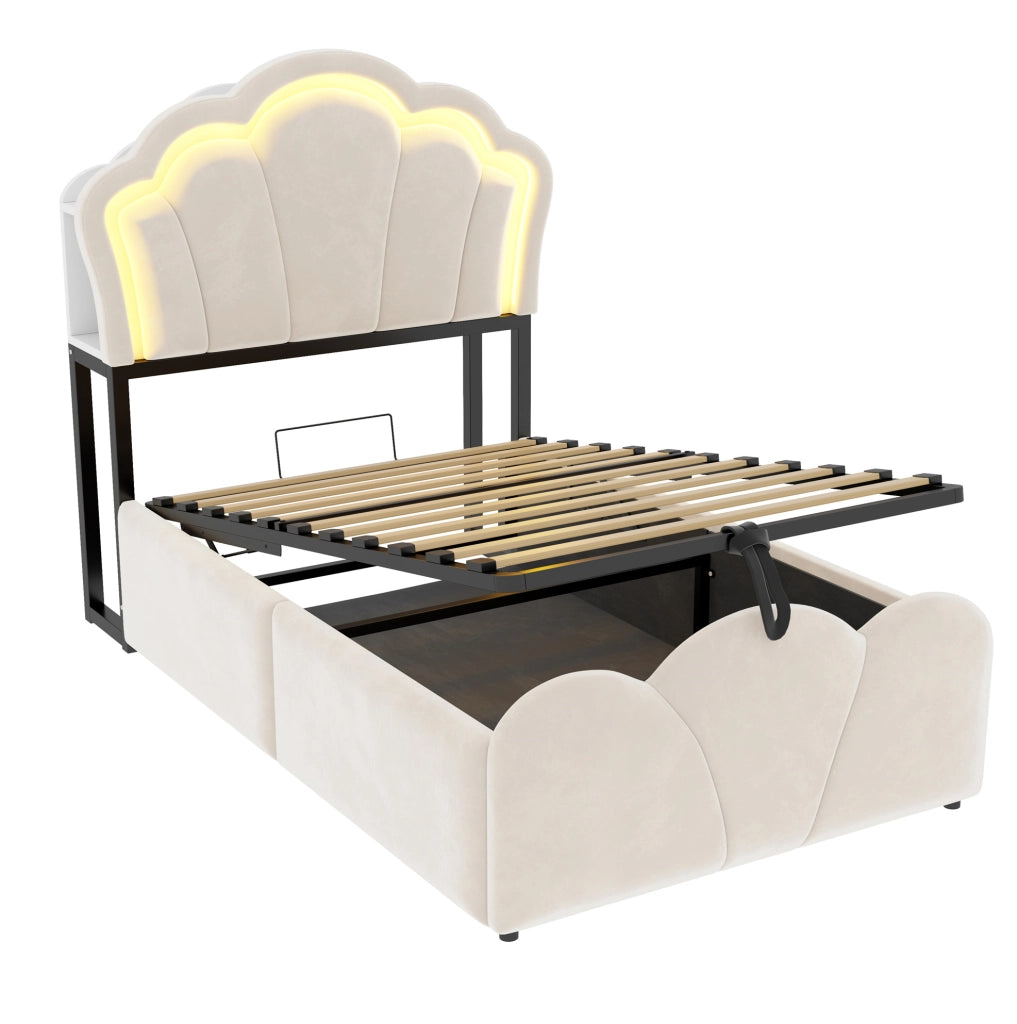 Letto singolo imbottito ULEVR 90x200 cm con contenitore idraulico, LED, prese integrate e rivestimento in velluto beige