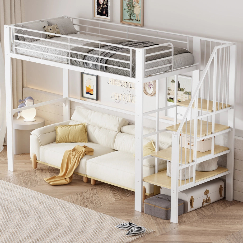 Letto a soppalco in metallo con scala e contenitore, 90x200 cm