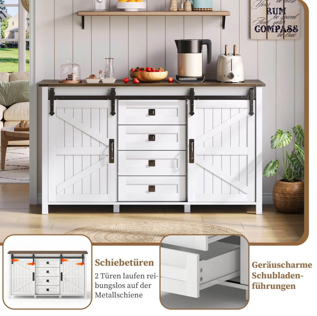 Credenza bianca 137 cm con ante scorrevoli e 4 cassetti