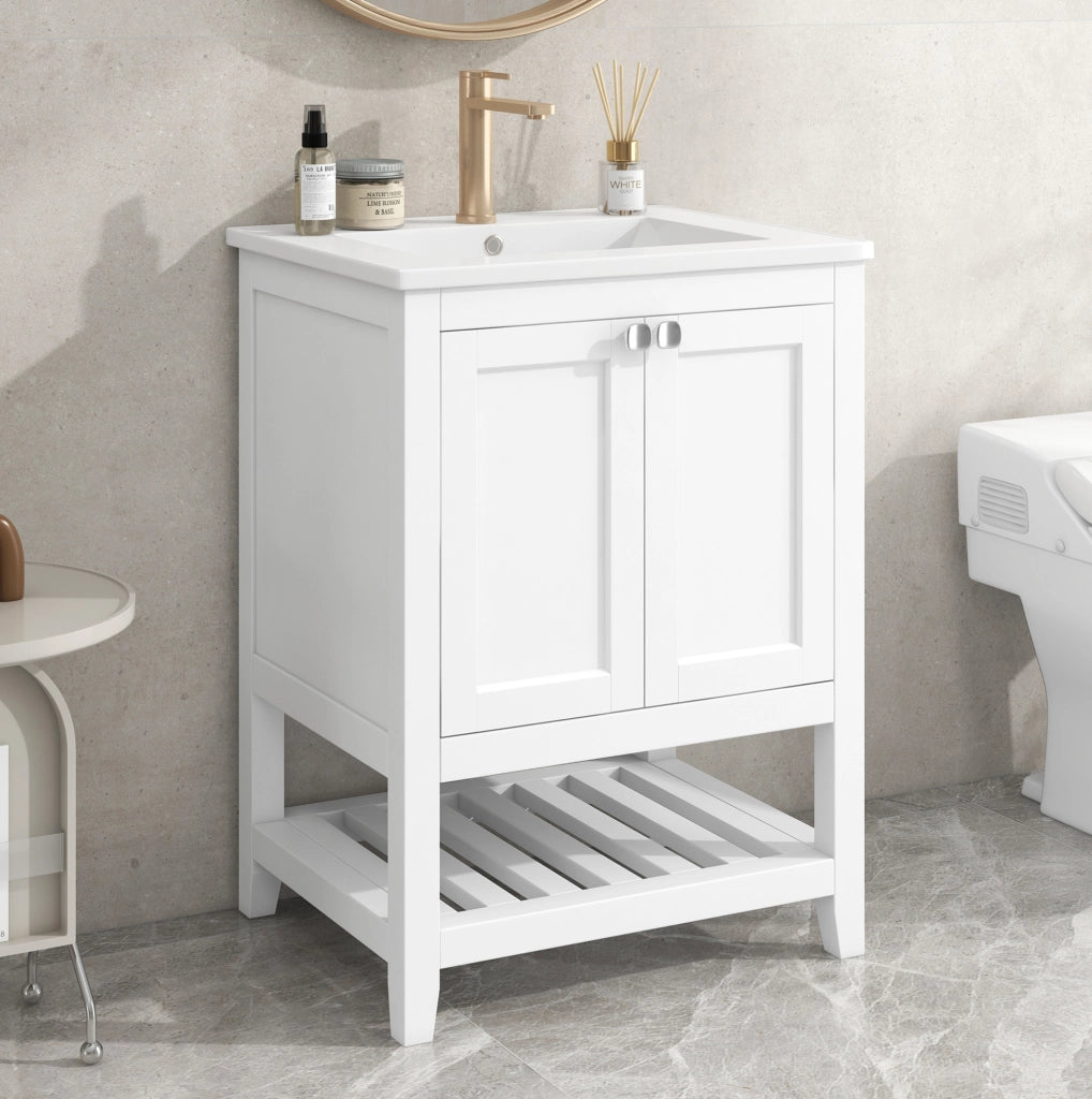 Mobile bagno a pavimento con lavabo in ceramica; bianco; legno massello e MDF