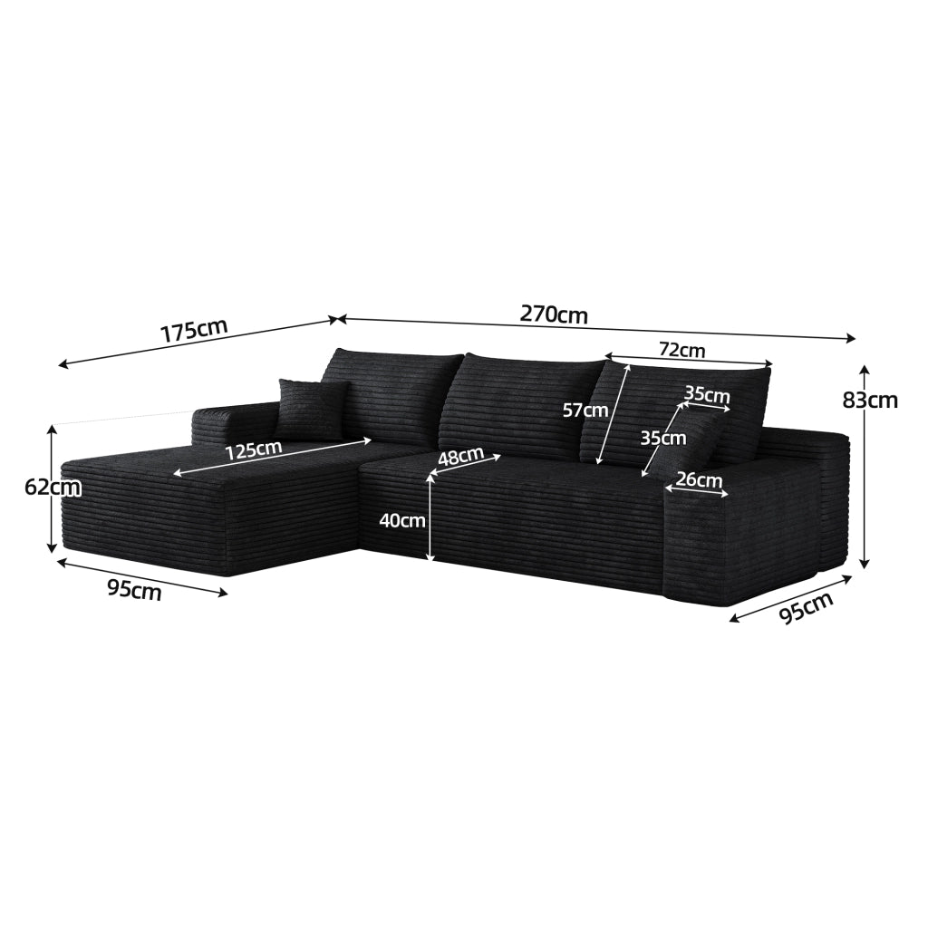 Divano 270x175x83 cm con imbottitura in schiuma ad alta elasticità in tessuto nero