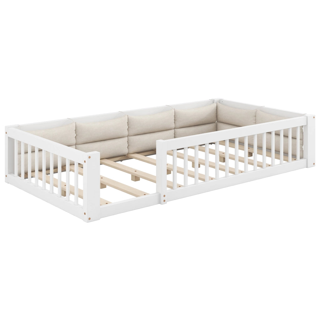 Letto a piattaforma 90 x 200 cm, legno massiccio e MDF, bianco, con barriere di sicurezza e cuscini