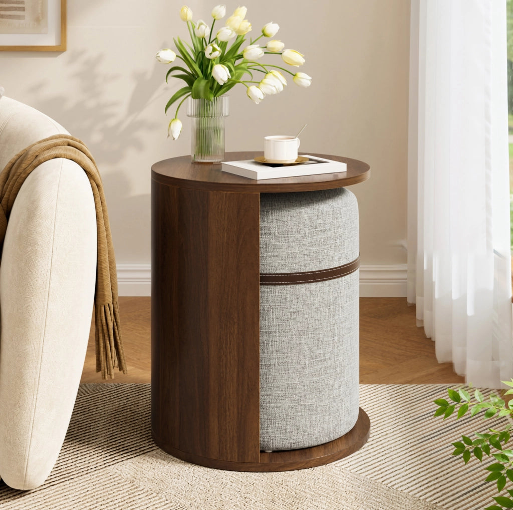 TAVOLO Laterale Rotondo con Sgabello Integrato 38x38x47,5 cm MDF Noce