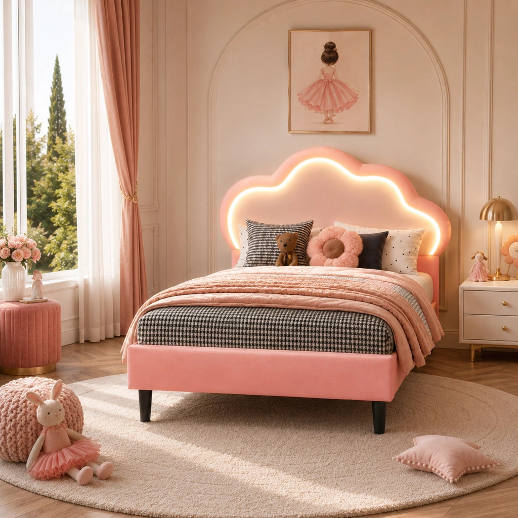 Letto Singolo 90x200 cm per Bambini; Letto Bambina con LED; Struttura Letto Imbottito; senza materasso PU Rosa