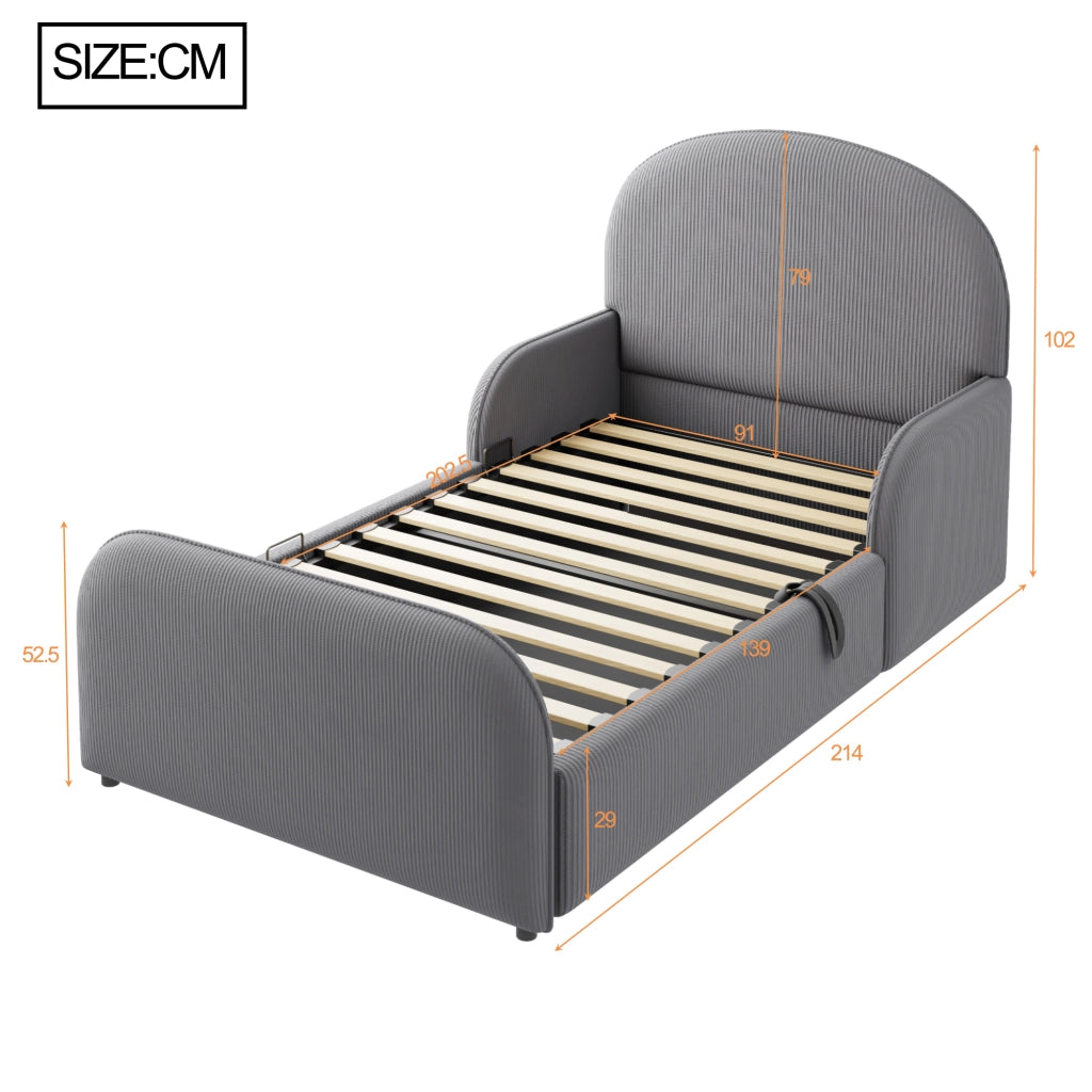 Letto Singolo Imbottito 90x200 cm con Contenitore Idraulico; Testiera Alta e Sponde di Sicurezza; Struttura in Velluto Grigio per Cameretta