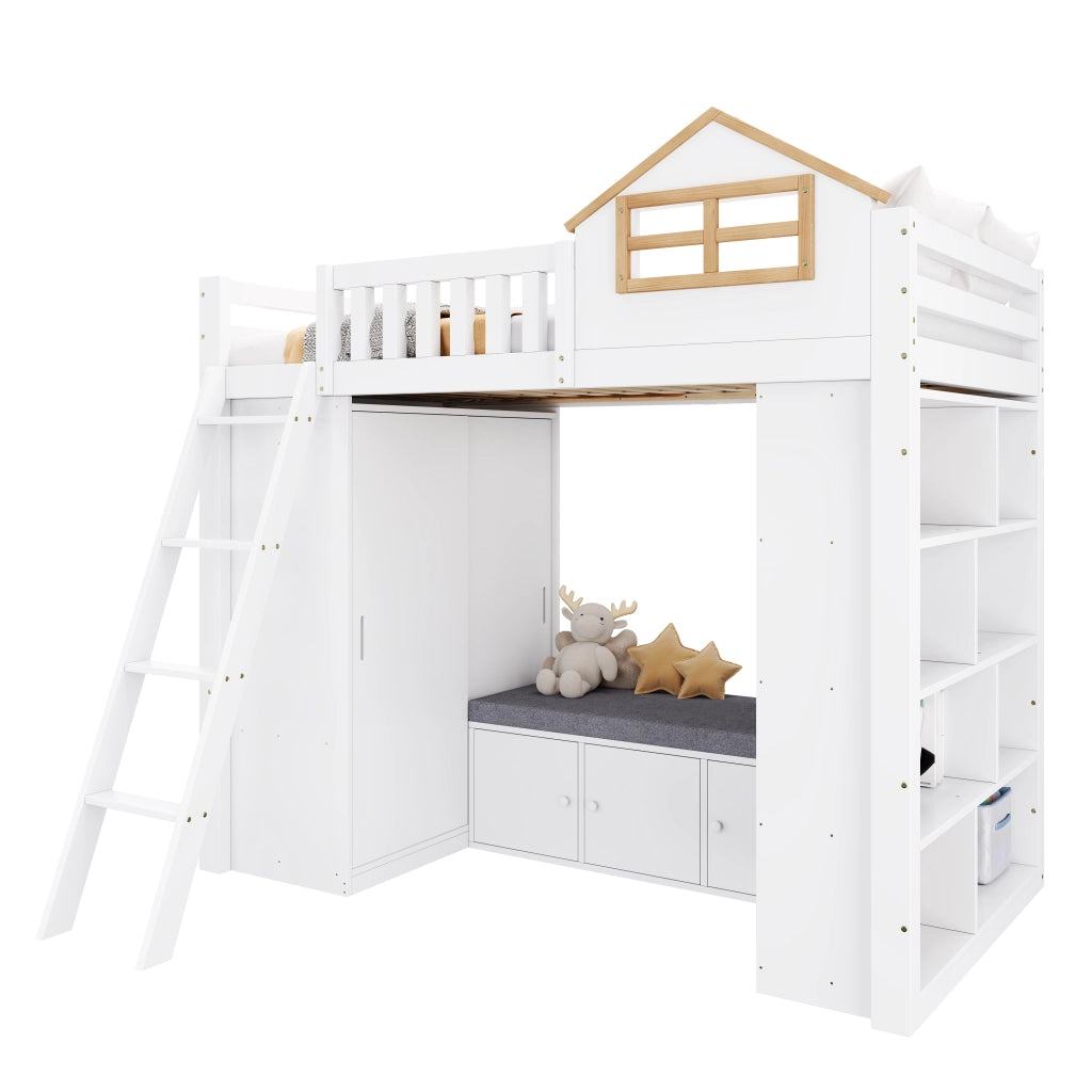 Letto a soppalco per bambini 90 × 200 cm con armadio scaffali panca contenitore in legno bianco e naturale