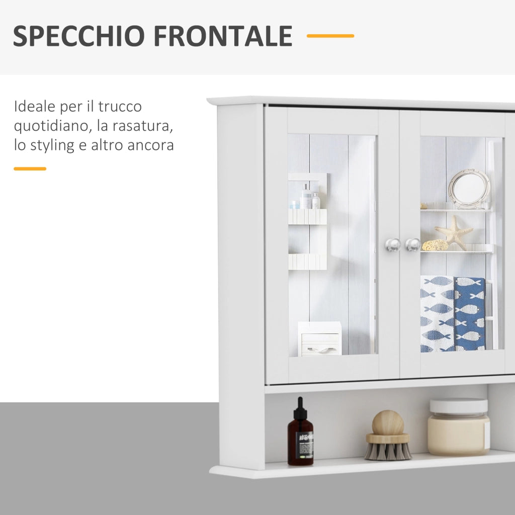 Specchio Bagno Contenitore con Ante e Ripiani Regolabili, Specchiera Bagno in Vetro, Mobiletto Armadietto a Muro con Specchio, 56x13x58cm, Bianco