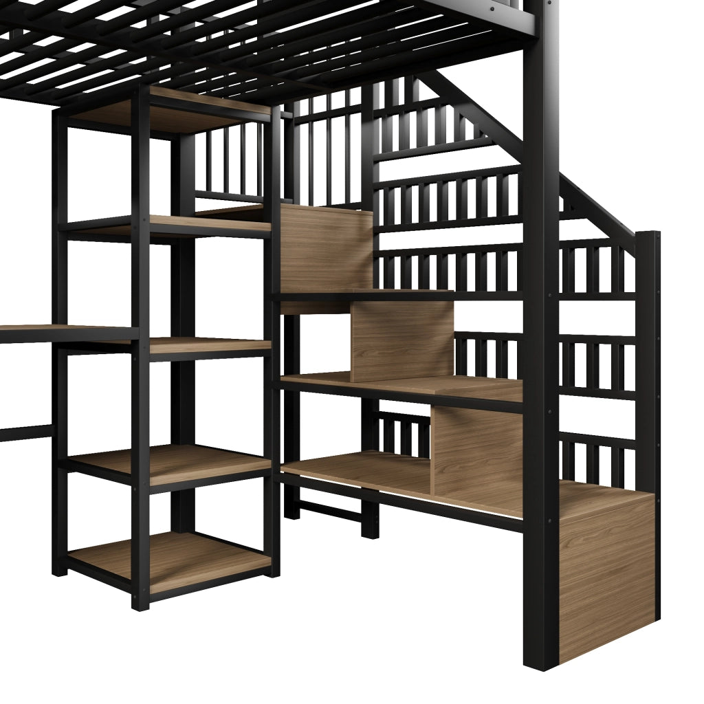 Letto a soppalco 140x200 cm con scrivania, LED e USB in ferro e MDF nero