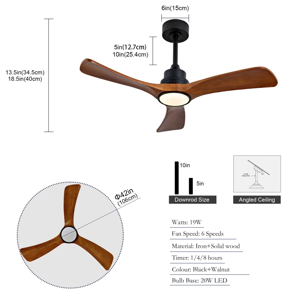 Ventilatore da soffitto 42" con 3 pale in legno massello, illuminazione LED dimmerabile, motore DC reversibile 6 velocità e telecomando