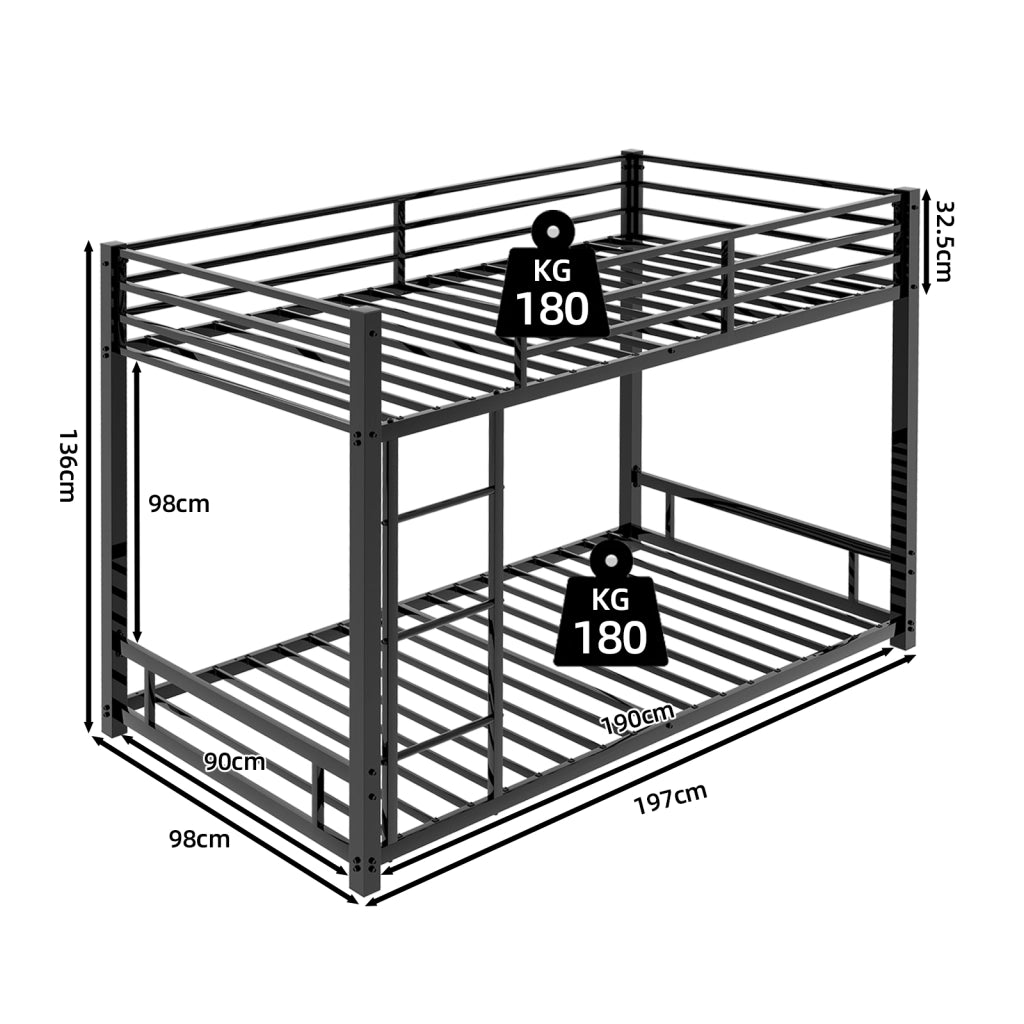 Letto a castello 2 posti 90 x 190 cm, struttura in metallo nero, scala 3 gradini e ringhiera, 200 kg per letto