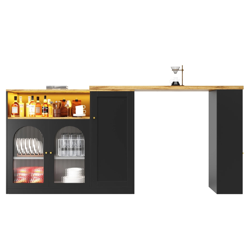 Tavolo da bar girevole 360掳 197 cm con mobile bar nero opaco; piano effetto legno; ante in vetro e LED