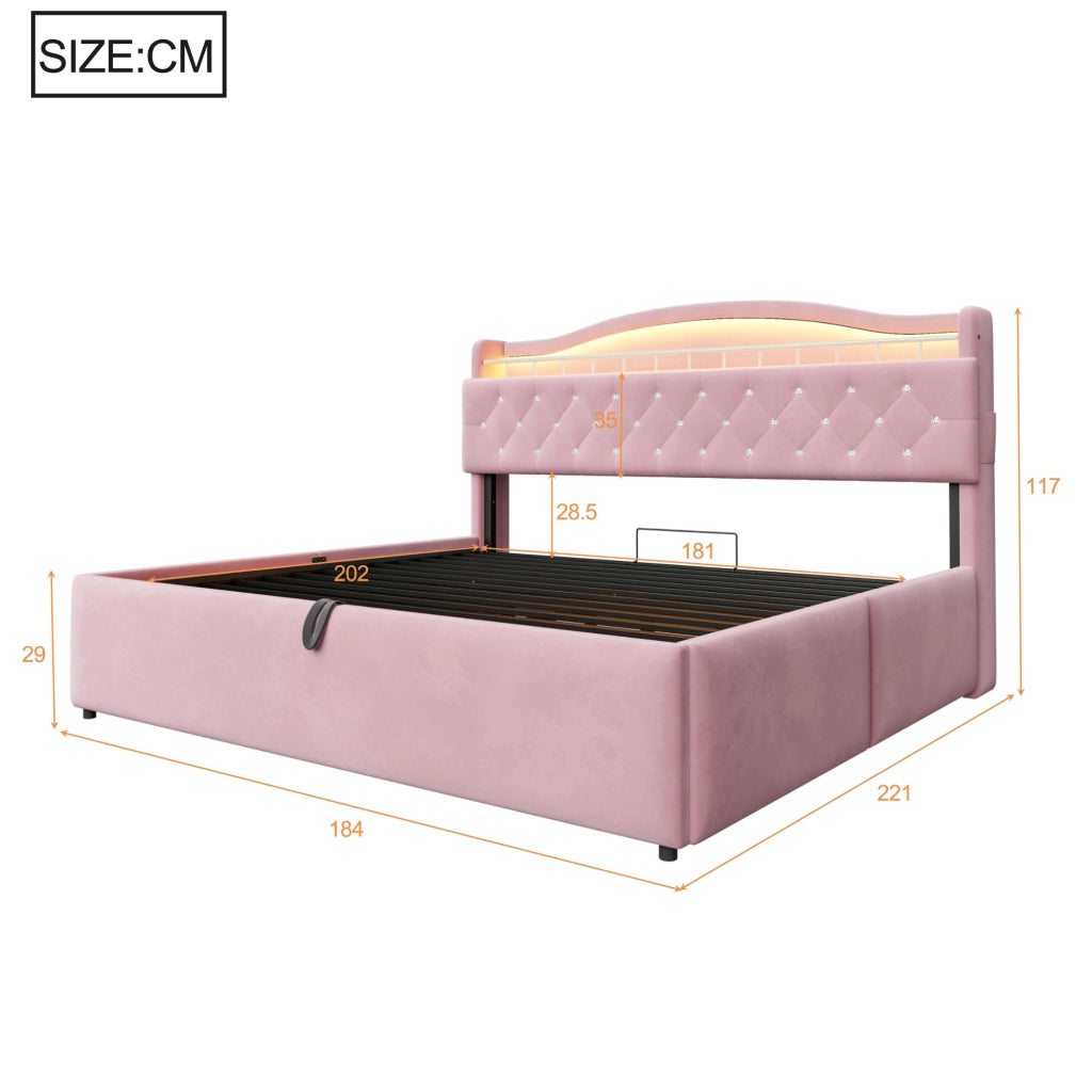Letto Matrimoniale 180x200 cm con Contenitore Idraulico; Rivestimento in Velluto Rosa e Testiera LED con USB