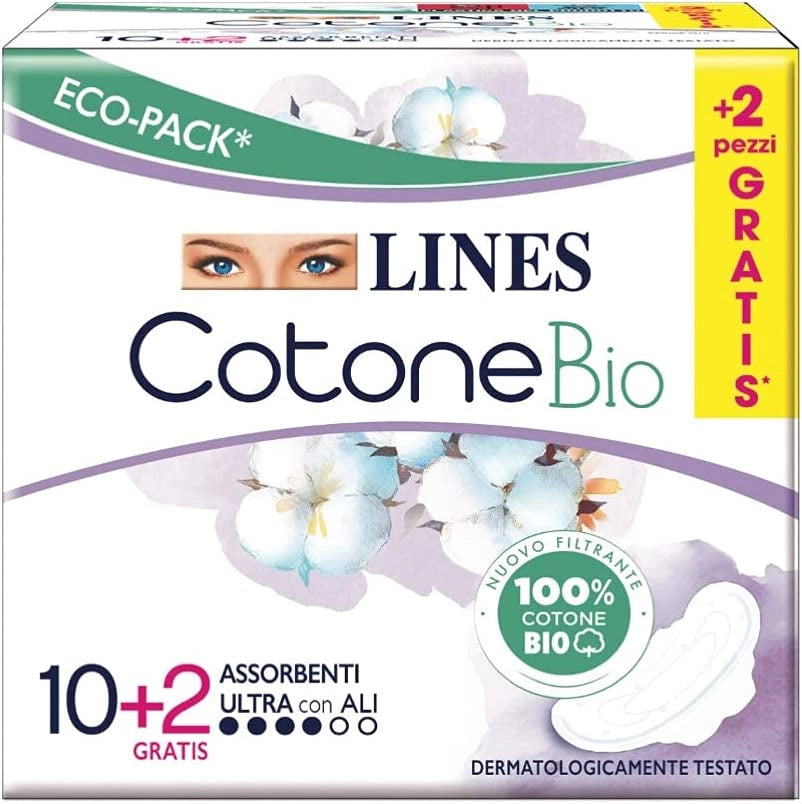 LINES ASSORBENTI COTONE BIO ULTRA  CON ALI IN CONFEZIONE 10+2 PEZZI