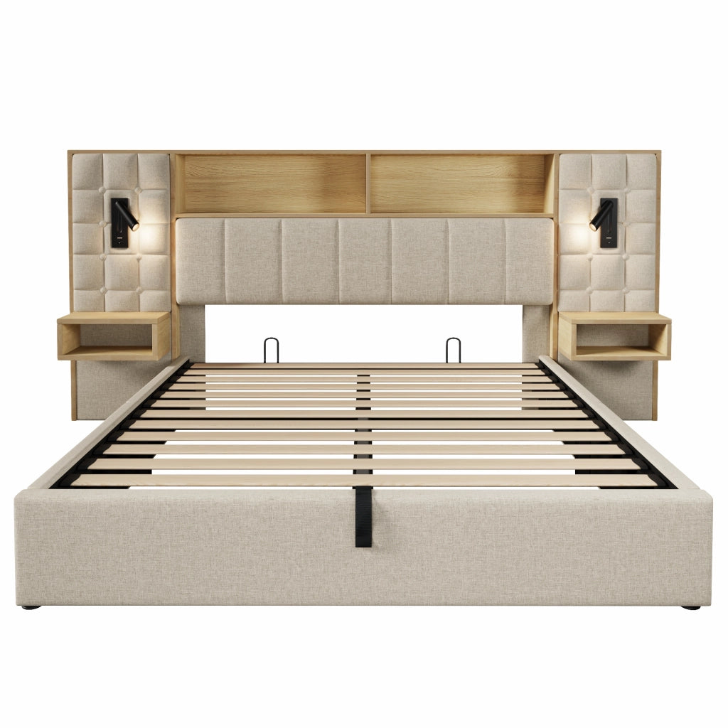 Letto contenitore matrimoniale 160 × 200 cm con LED; 2 lampade da lettura; USB e Type-C; senza materasso; beige