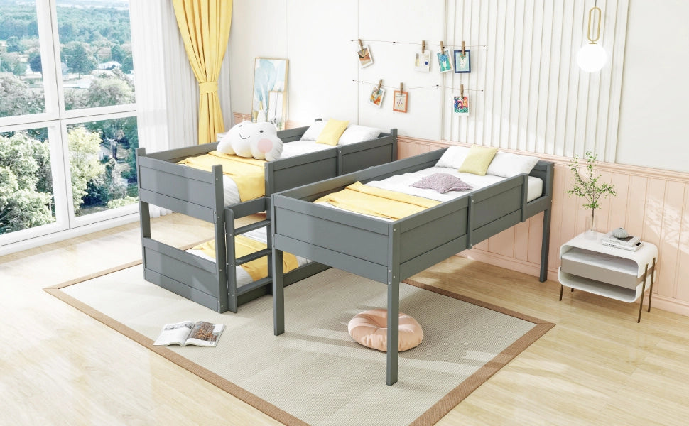 Letto a castello triplo per bambini 90 × 200 cm in legno grigio modulare con sponde alte e tre posti letto