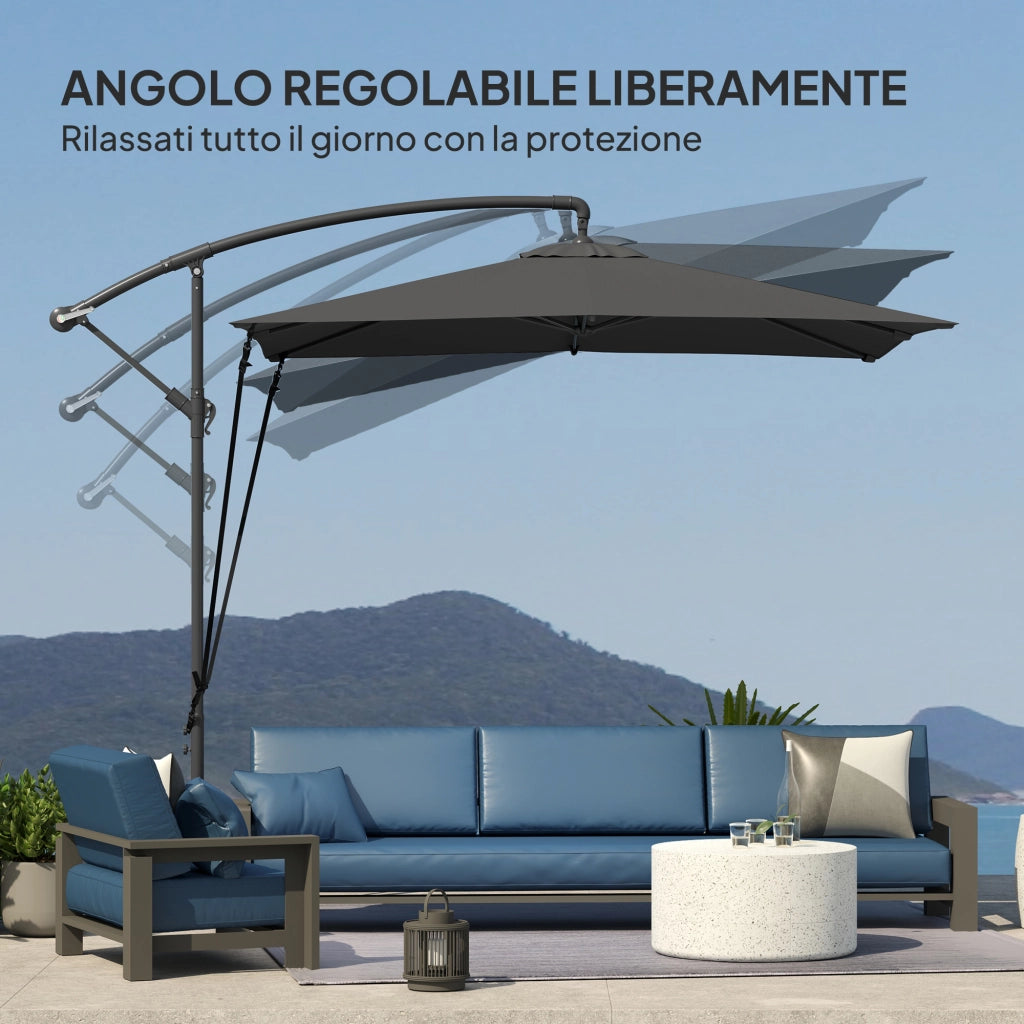 Ombrellone a Sbalzo Regolabile 247x247x256 cm con Base a Croce e Manovella in Acciaio e Poliestere Grigio Scuro