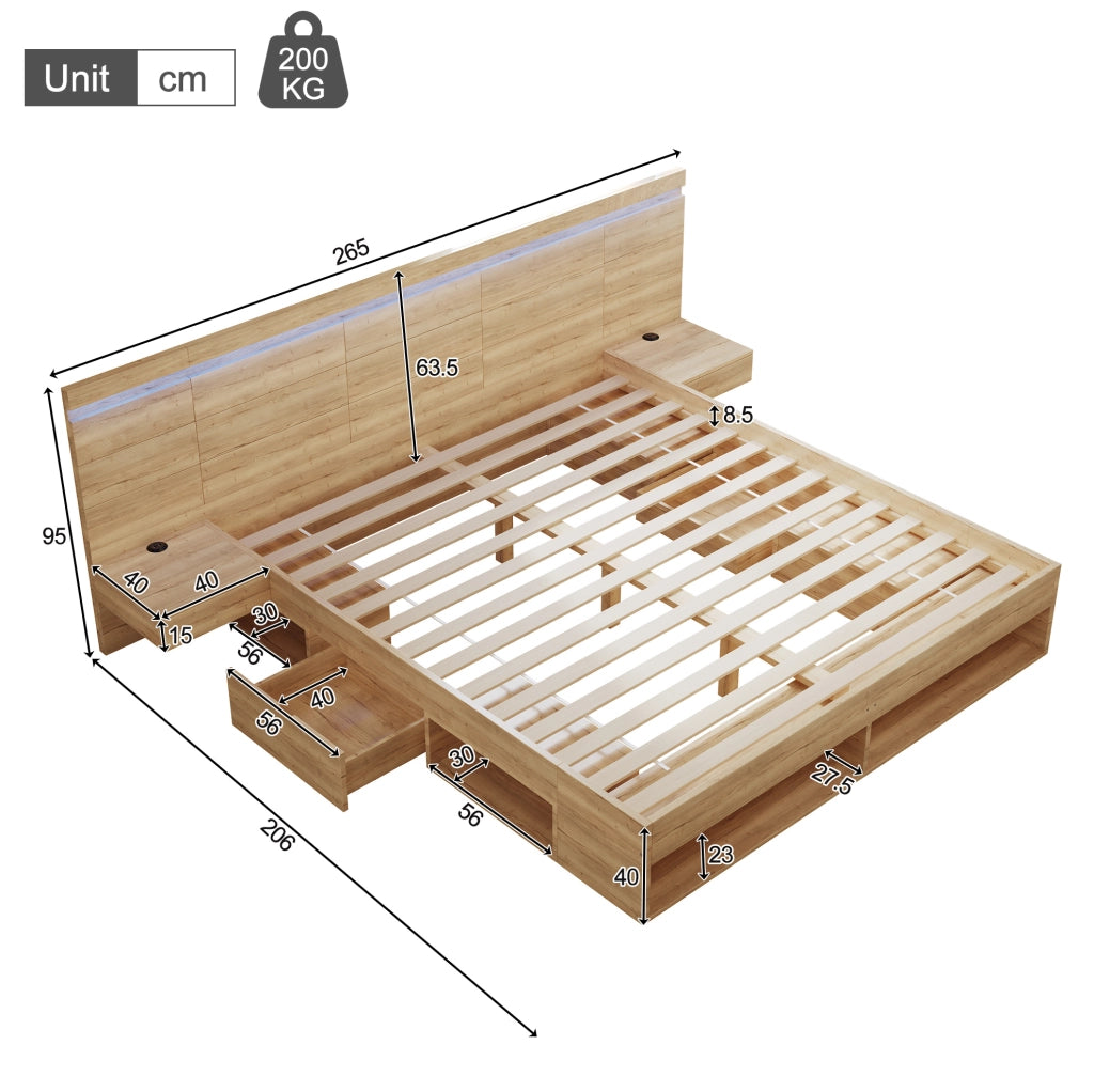 Letto contenitore con comodini integrati, illuminazione LED e ricarica USB