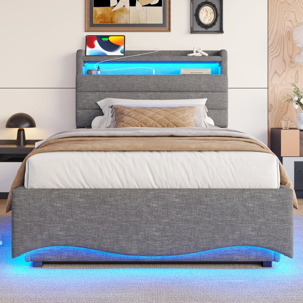 Letto imbottito con contenitore idraulico e LED 90x200 cm; lino grigio con USB e Type-C