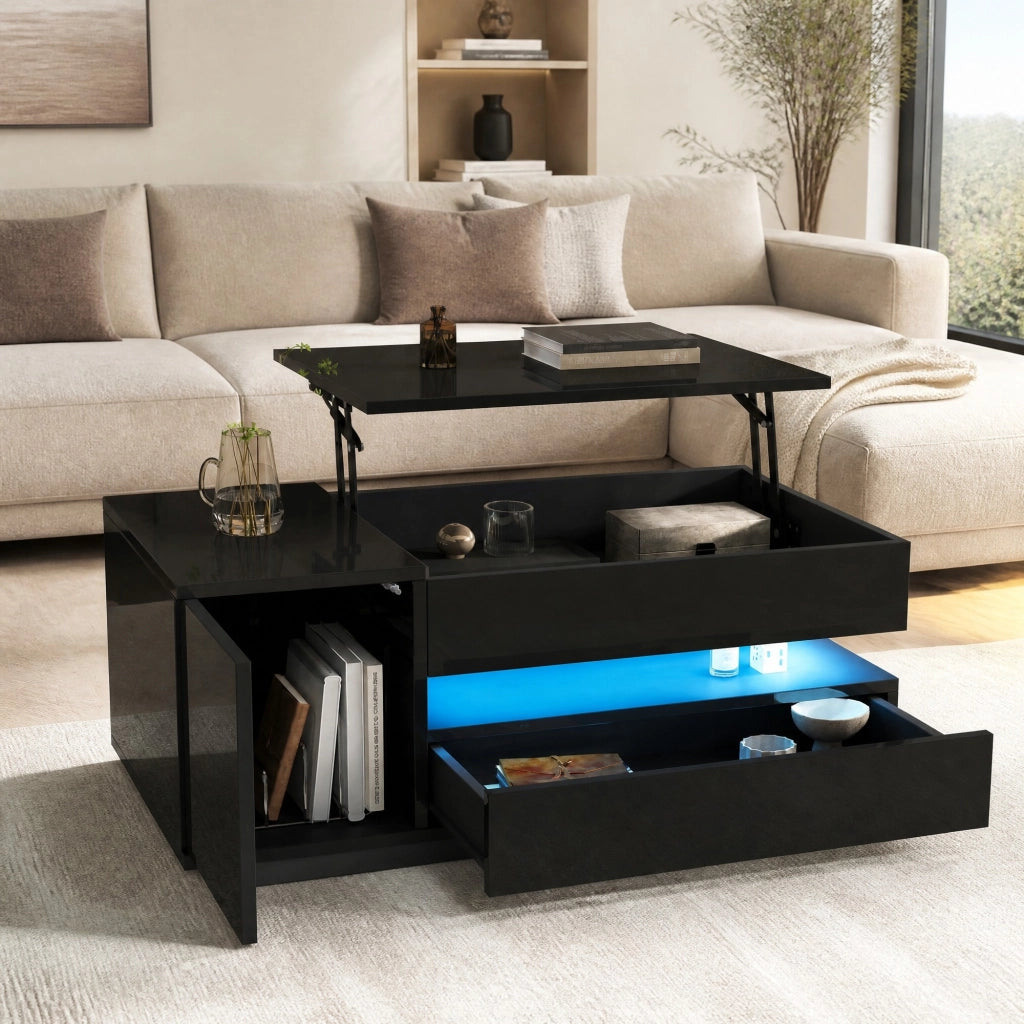 Tavolino da caffè sollevabile 95x50x40 cm con LED; nero lucido; in truciolare