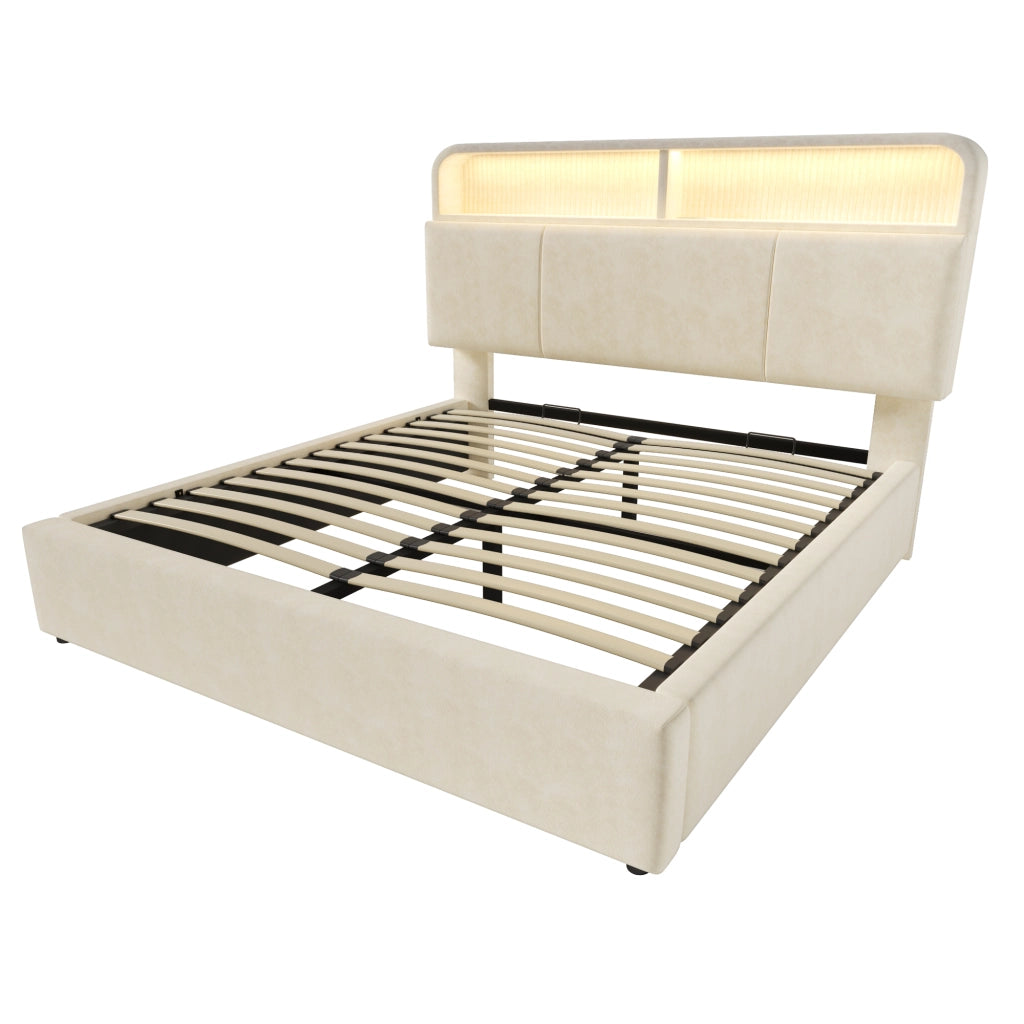 Letto Imbottito 140x200 cm Beige con Materasso H3; Contenitore Idraulico; LED e USB Type-C