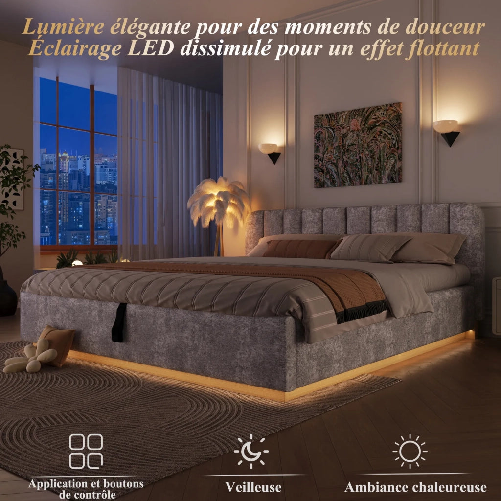 Letto matrimoniale imbottito 180x200 cm, testiera imbottita, rete a doghe, sollevamento idraulico, striscia LED, senza materasso, chenille grigio chiaro