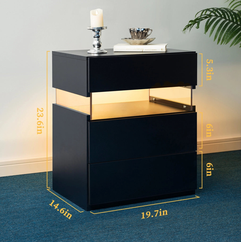 Comodino LED nero con 3 cassetti e pannello acrilico