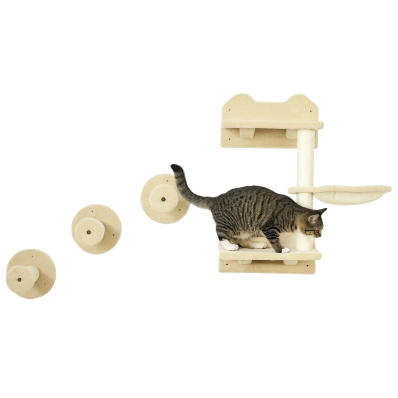Set di gradini da parete per gatti 4 pezzi con tiragraffi amaca e piattaforma beige in peluche per arrampicarsi