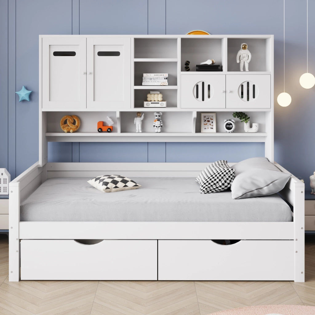 Letto con cassetti 90 × 200 cm con vano superiore multifunzione in legno di pino bianco con rete a doghe