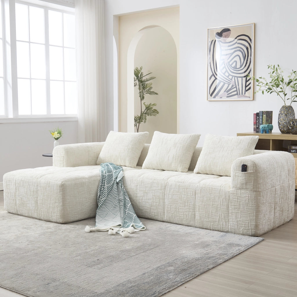Divano 3 posti con penisola in ciniglia beige; 250 cm; senza montaggio; con tasche laterali e 3 cuscini