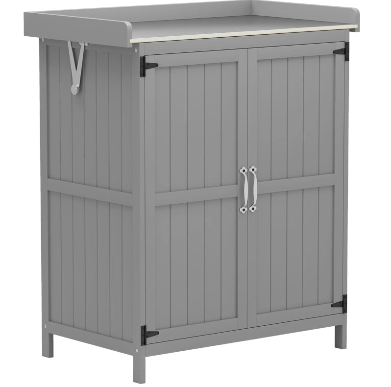 Armadio da giardino in legno e acciaio inox con doppie porte e piano di lavoro, 74x43x88 cm, grigio