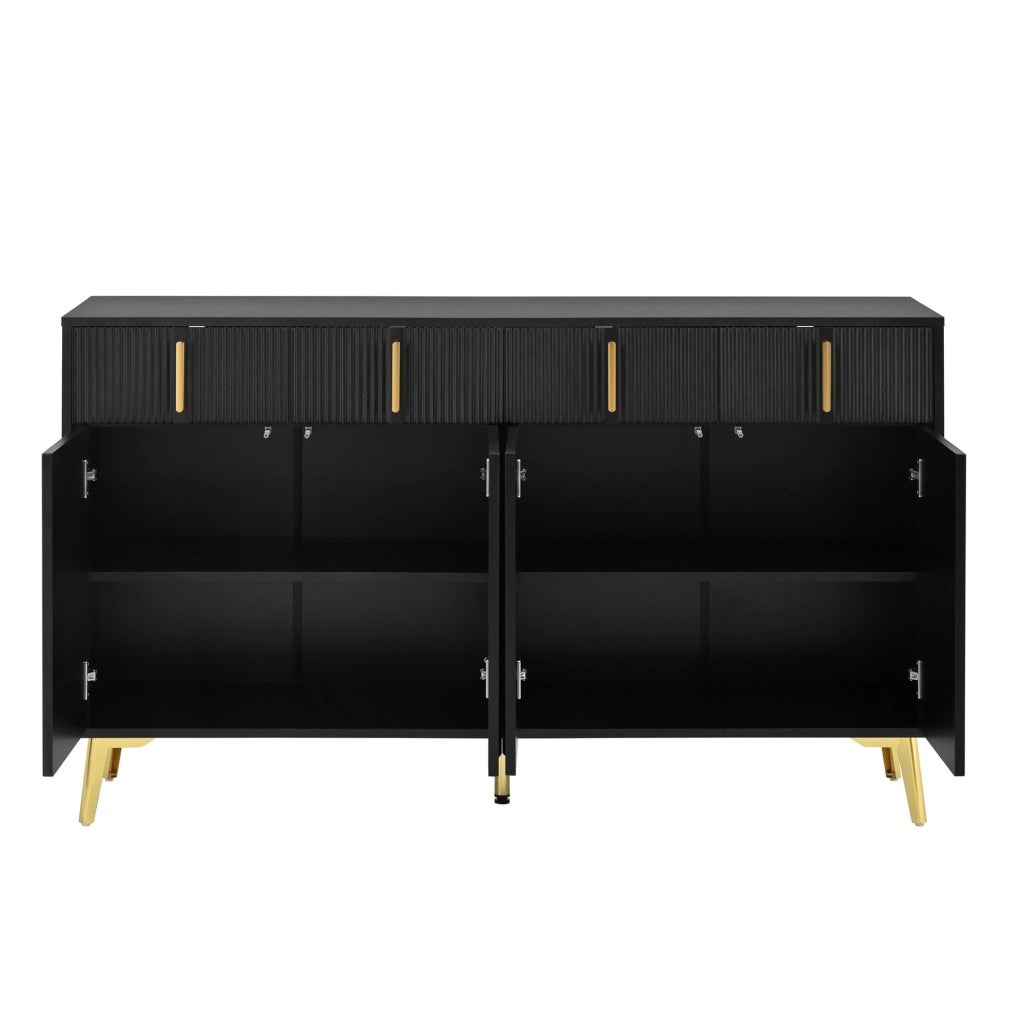 Credenza nera 140 cm con 4 ante, 4 cassetti e dettagli dorati