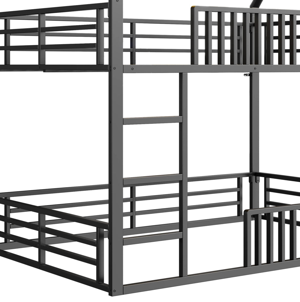 Letto a soppalco ULEVR 140x200 cm a forma di casa con barriera a recinto e LED a 7 colori, nero