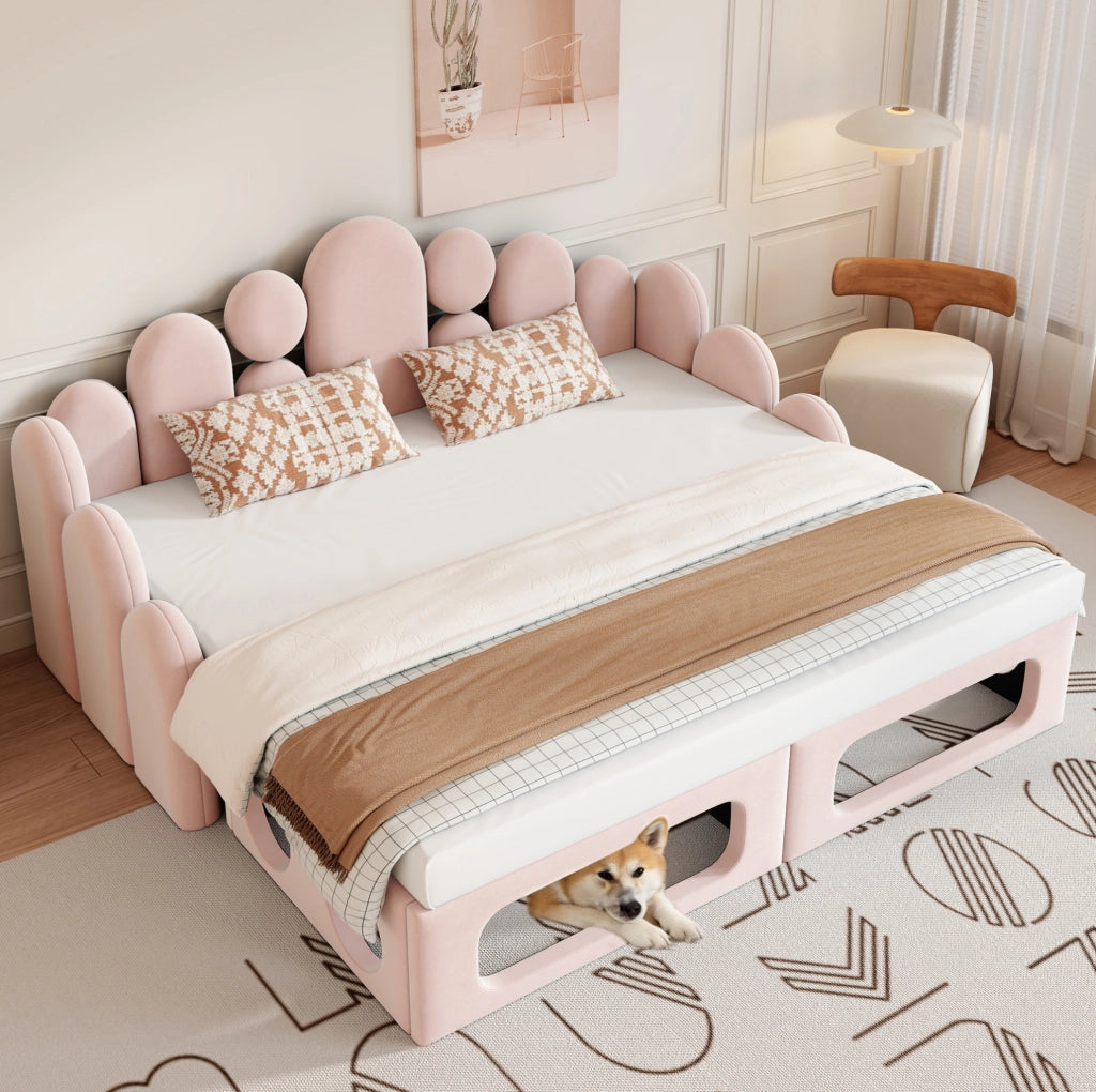 Letto imbottito 180x200 cm con cuccia per animali rimovibile in velluto rosa