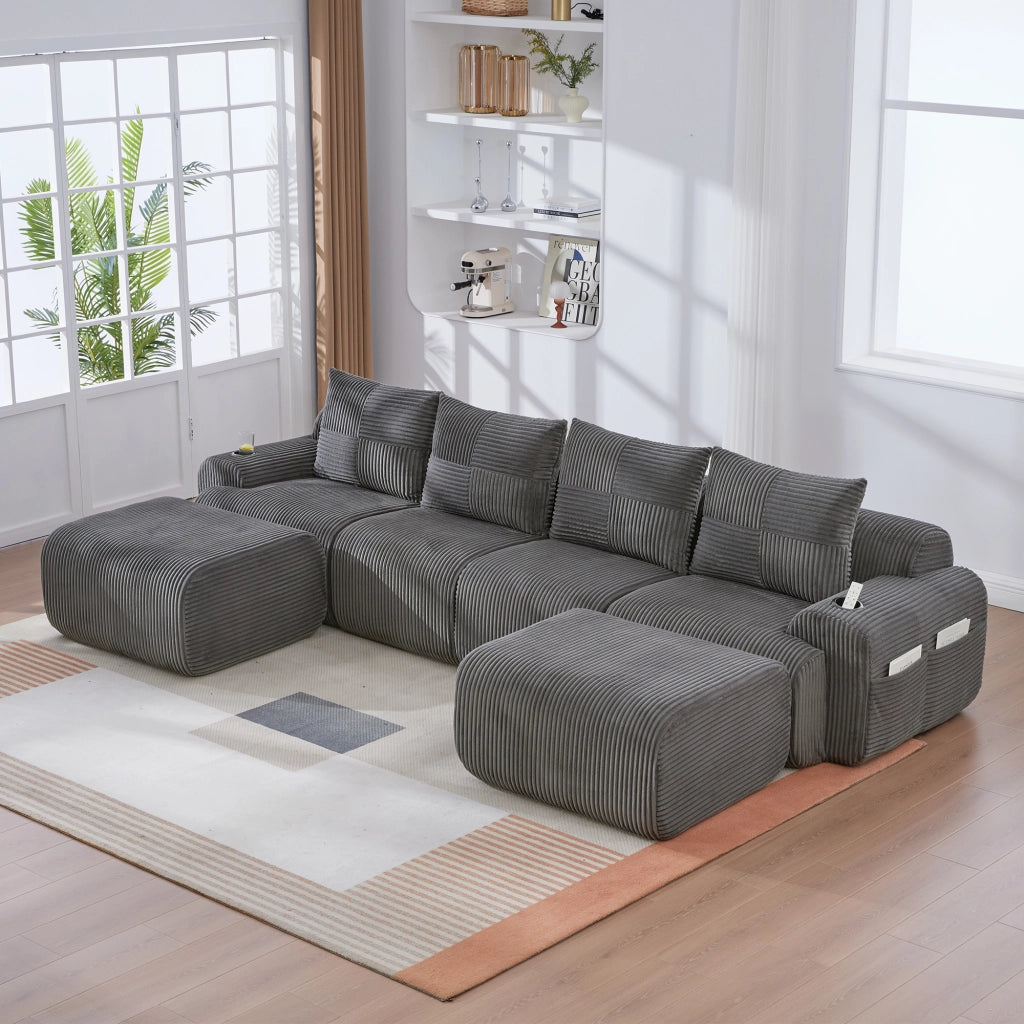 Divano modulare 4 posti in velluto a coste con portabevande e tasca laterale grigio scuro 333 × 174 × 80 cm