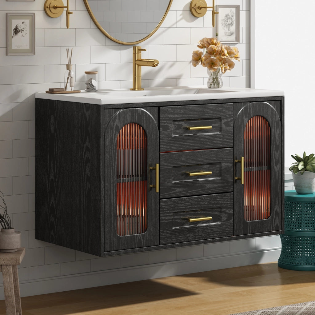 Mobile bagno sospeso 76 cm con lavabo in ceramica, LED e vetro rigato nero