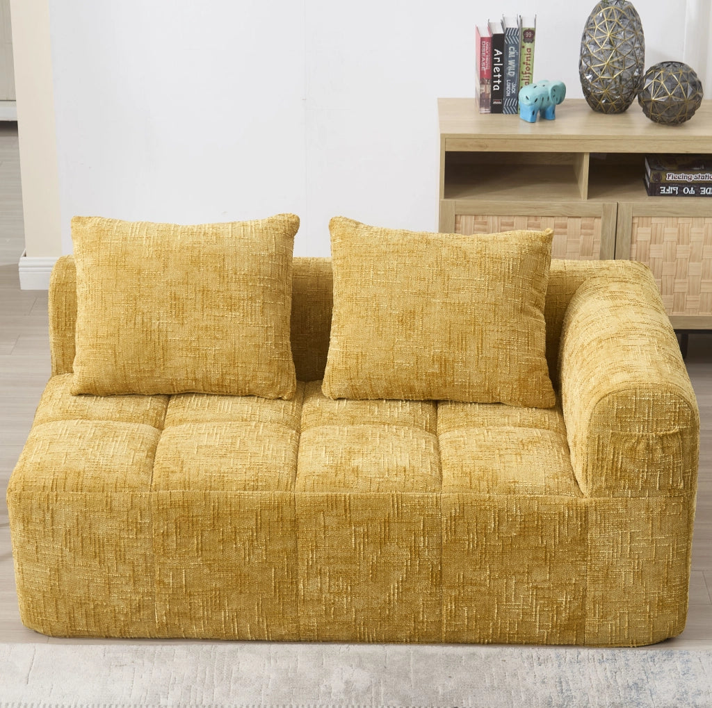 Divano 2 posti con chaise longue, tessuto chenille giallo, con cuscino e tasche laterali