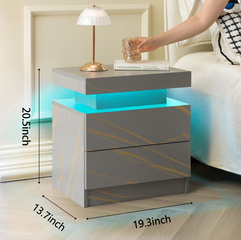 Comodino con LED multicolore regolabile; 2 cassetti e vano aperto; grigio e oro