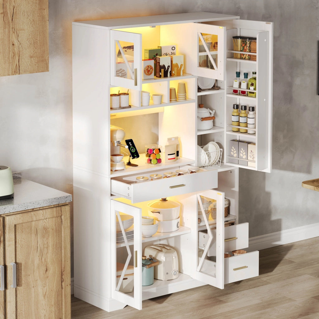 Credenza da cucina alta con vetrina, LED e prese, ripiani regolabili e cassetto, in MDF bianco, 105 × 40 × 185 cm